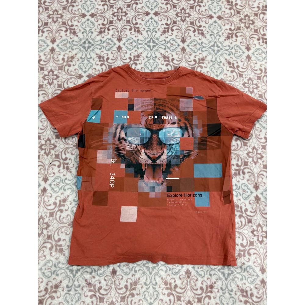 C&A Kids Boys Orange Pixelated Tiger Graphic T-Shirt Size 11-12Y 146-152